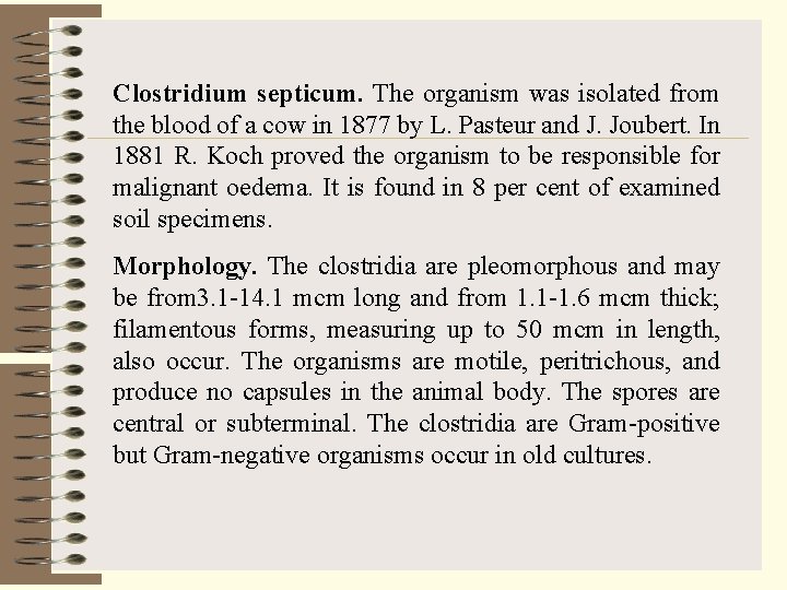 Clostridium septicum. The organism was isolated from the blood of a cow in 1877