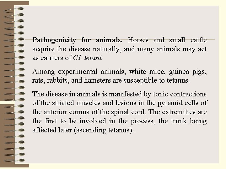 Pathogenicity for animals. Horses and small cattle acquire the disease naturally, and many animals