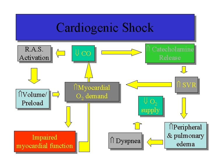 Cardiogenic Shock R. A. S. Activation Volume/ Preload Impaired myocardial function Catecholamine Release CO