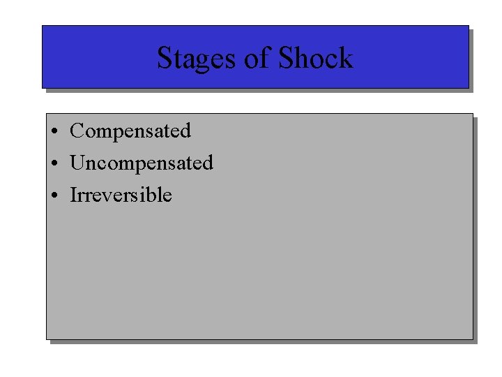 Stages of Shock • Compensated • Uncompensated • Irreversible 