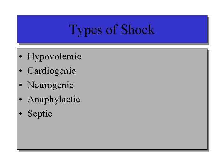 Types of Shock • • • Hypovolemic Cardiogenic Neurogenic Anaphylactic Septic 