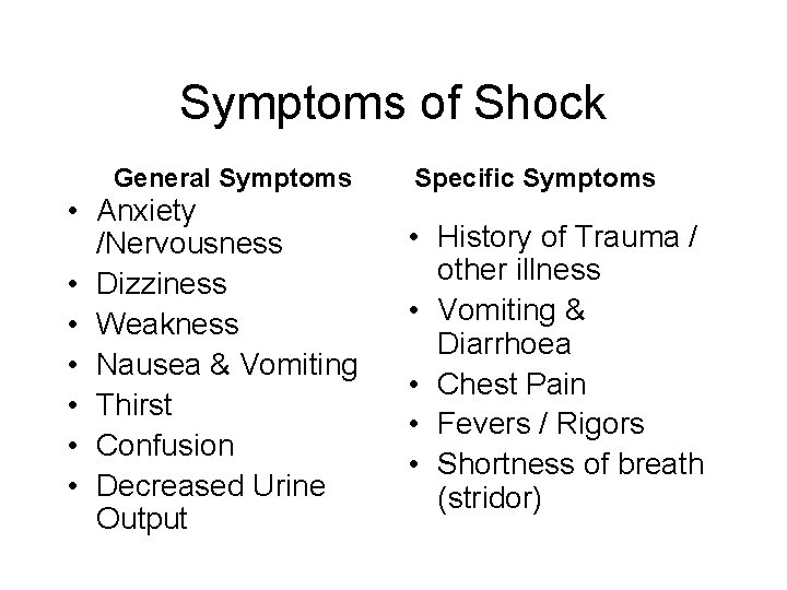 Symptoms of Shock General Symptoms • Anxiety /Nervousness • Dizziness • Weakness • Nausea
