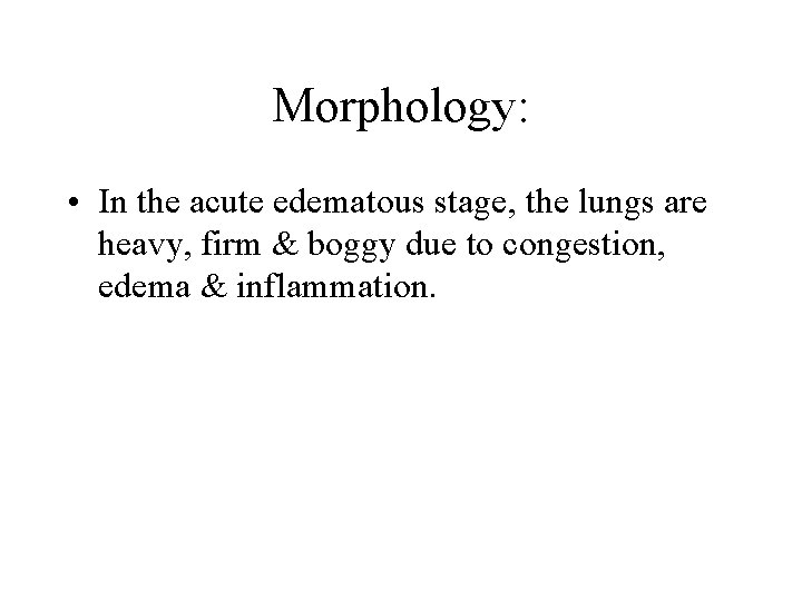 Morphology: • In the acute edematous stage, the lungs are heavy, firm & boggy