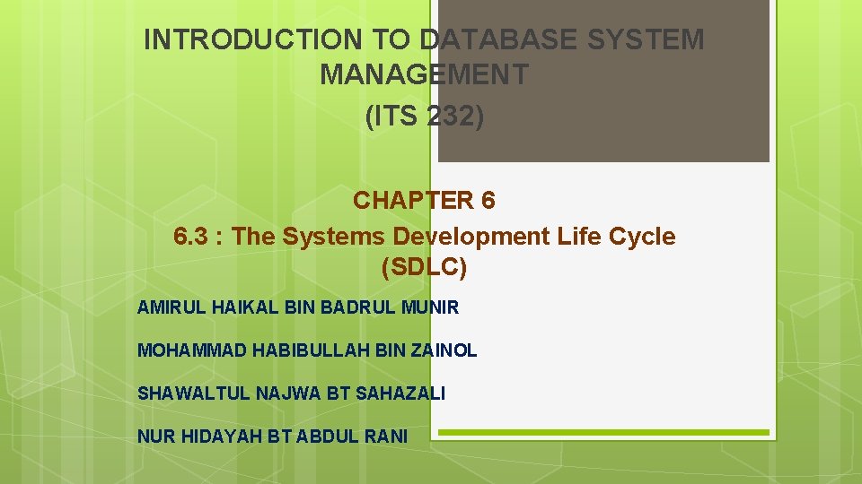 INTRODUCTION TO DATABASE SYSTEM MANAGEMENT (ITS 232) CHAPTER 6 6. 3 : The Systems