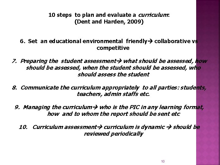 10 steps to plan and evaluate a curriculum: (Dent and Harden, 2009) 6. Set