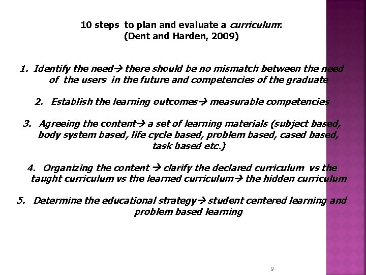 10 steps to plan and evaluate a curriculum: (Dent and Harden, 2009) 1. Identify