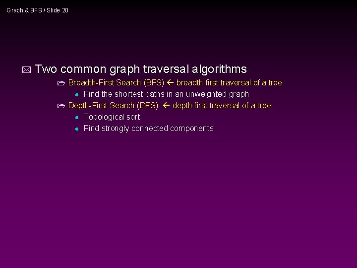 Graph & BFS / Slide 20 * Two common graph traversal algorithms Breadth-First Search Graph & BFS / Slide 20 * Two common graph traversal algorithms Breadth-First Search