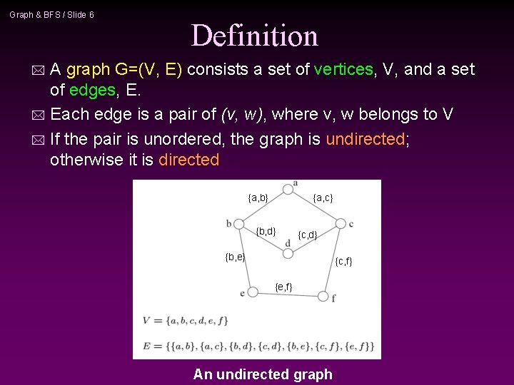 Graph & BFS / Slide 6 Definition A graph G=(V, E) consists a set