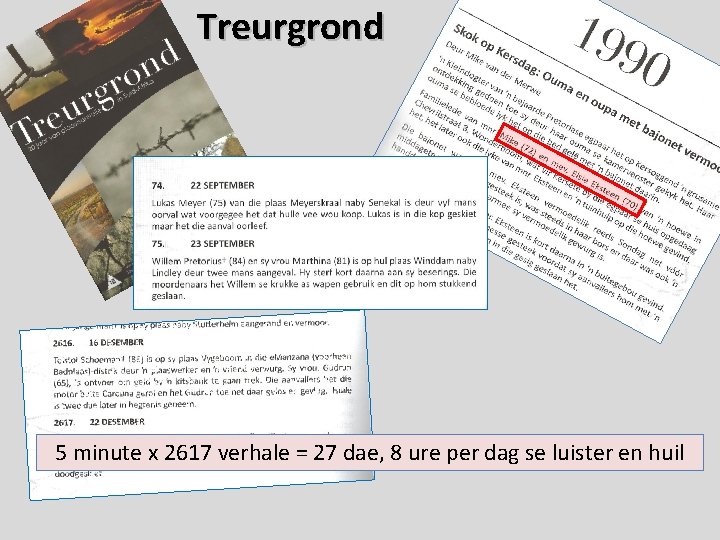 Treurgrond 5 minute x 2617 verhale = 27 dae, 8 ure per dag se