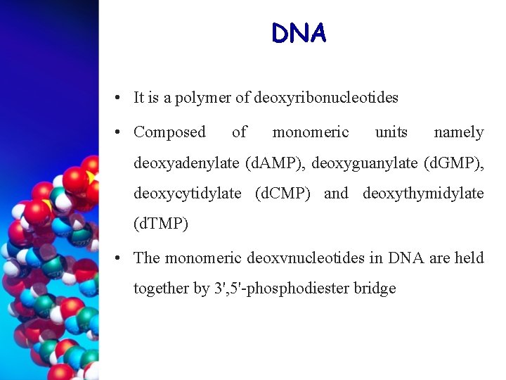 DNA • It is a polymer of deoxyribonucleotides • Composed of monomeric units namely