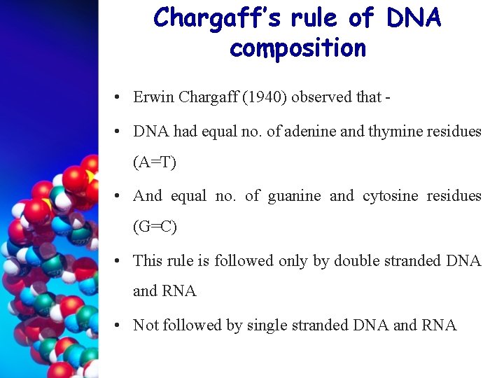 Chargaff’s rule of DNA composition • Erwin Chargaff (1940) observed that • DNA had