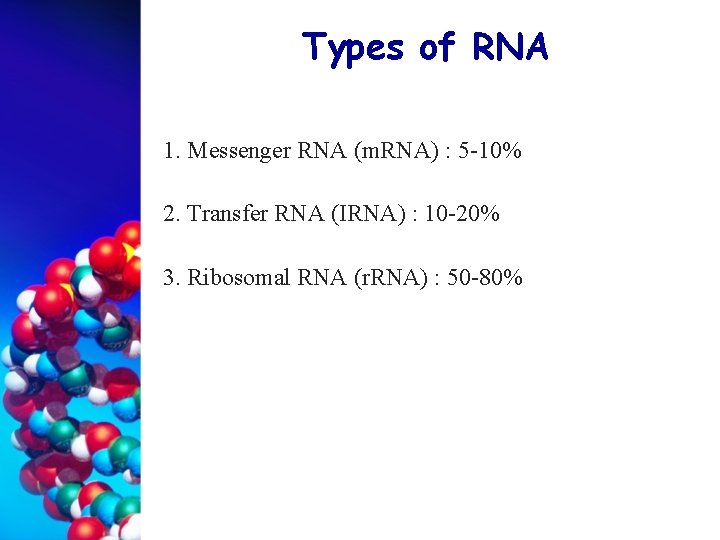 Types of RNA 1. Messenger RNA (m. RNA) : 5 -10% 2. Transfer RNA