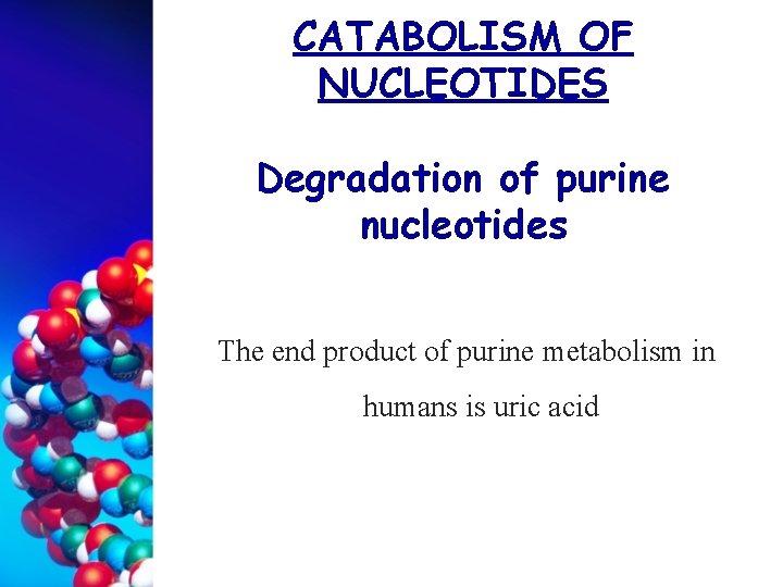 CATABOLISM OF NUCLEOTIDES Degradation of purine nucleotides The end product of purine metabolism in