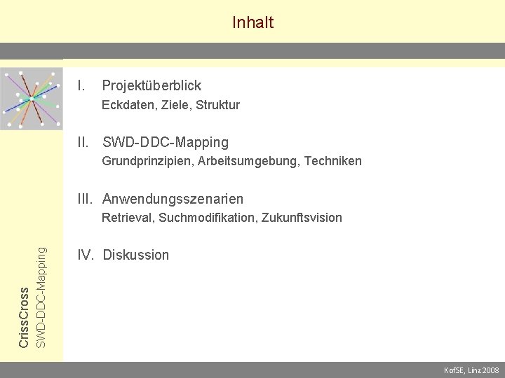 Inhalt I. Projektüberblick Eckdaten, Ziele, Struktur II. SWD-DDC-Mapping Grundprinzipien, Arbeitsumgebung, Techniken III. Anwendungsszenarien SWD-DDC-Mapping