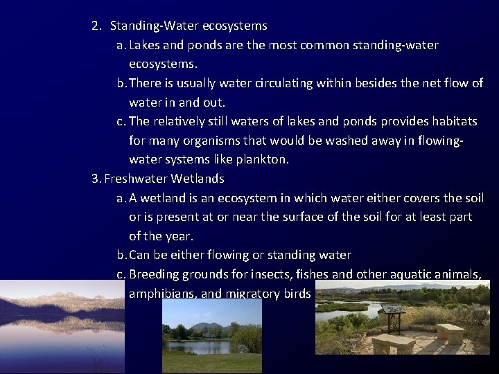 2. Standing-Water ecosystems a. Lakes and ponds are the most common standing-water ecosystems. b.