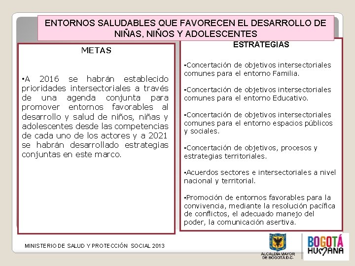 ENTORNOS SALUDABLES QUE FAVORECEN EL DESARROLLO DE NIÑAS, NIÑOS Y ADOLESCENTES METAS • A