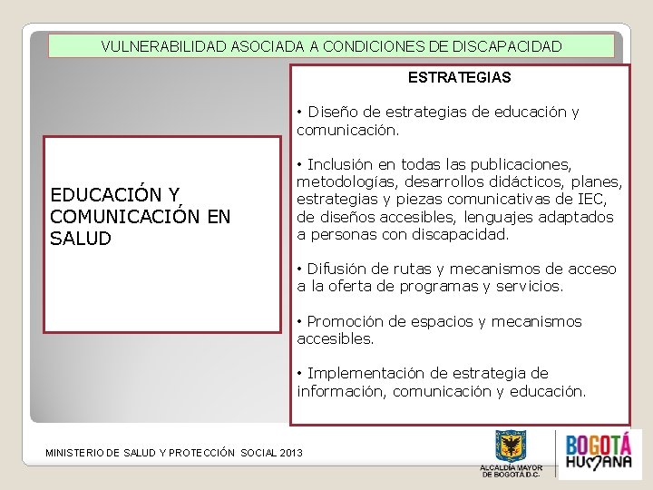 VULNERABILIDAD ASOCIADA A CONDICIONES DE DISCAPACIDAD ESTRATEGIAS • Diseño de estrategias de educación y