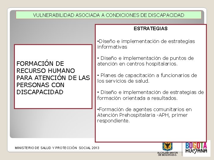 VULNERABILIDAD ASOCIADA A CONDICIONES DE DISCAPACIDAD ESTRATEGIAS • Diseño e implementación de estrategias informativas