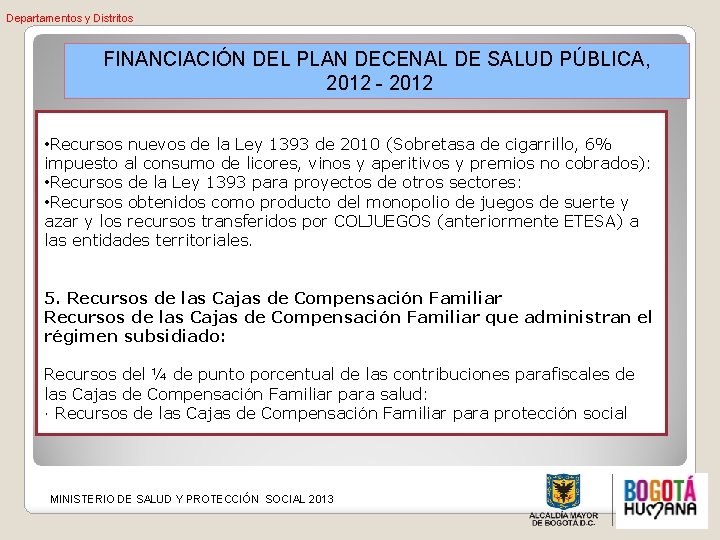 Departamentos y Distritos FINANCIACIÓN DEL PLAN DECENAL DE SALUD PÚBLICA, 2012 - 2012 •