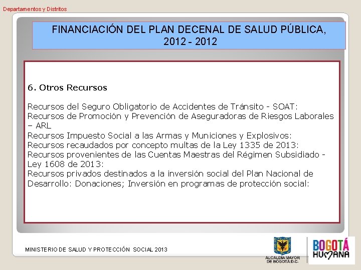 Departamentos y Distritos FINANCIACIÓN DEL PLAN DECENAL DE SALUD PÚBLICA, 2012 - 2012 6.
