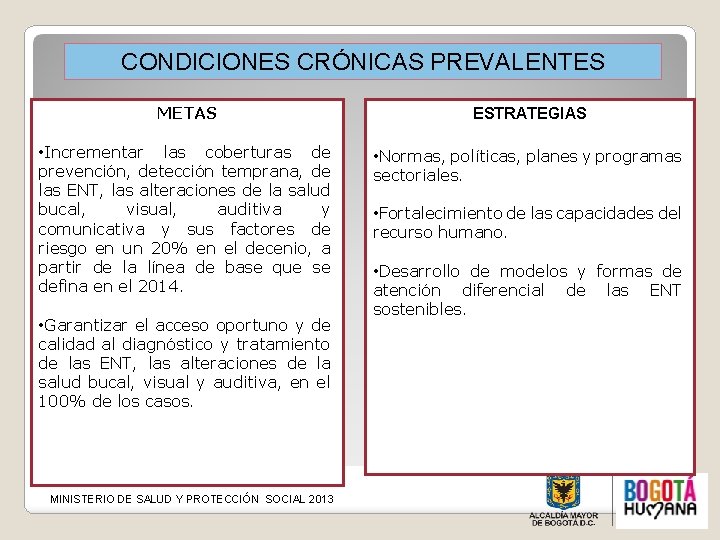 CONDICIONES CRÓNICAS PREVALENTES METAS ESTRATEGIAS • Incrementar las coberturas de prevención, detección temprana, de