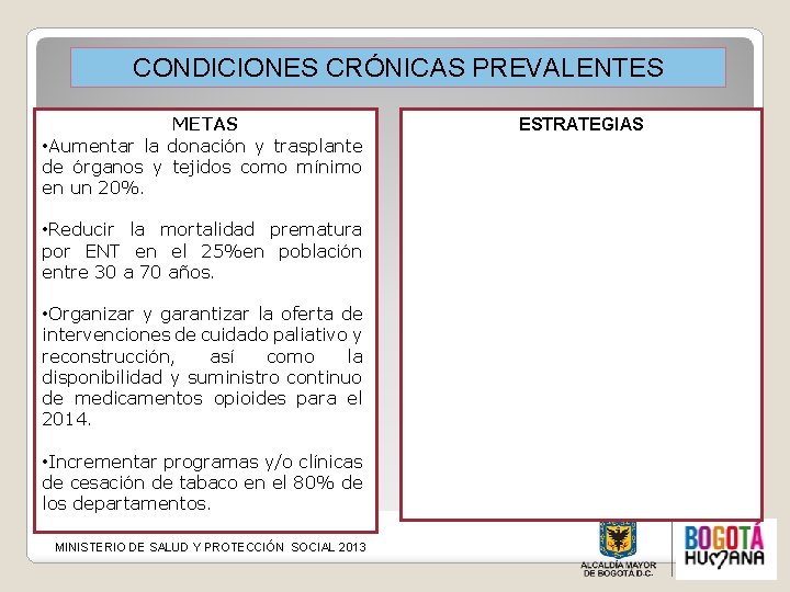 CONDICIONES CRÓNICAS PREVALENTES METAS • Aumentar la donación y trasplante de órganos y tejidos