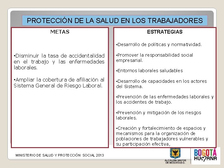 PROTECCIÓN DE LA SALUD EN LOS TRABAJADORES METAS ESTRATEGIAS • Desarrollo de políticas y