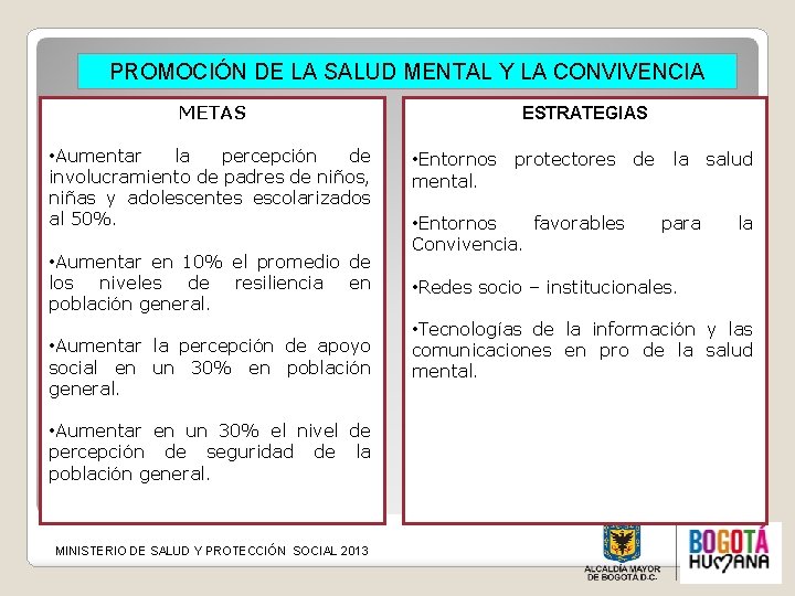 PROMOCIÓN DE LA SALUD MENTAL Y LA CONVIVENCIA METAS ESTRATEGIAS • Aumentar la percepción