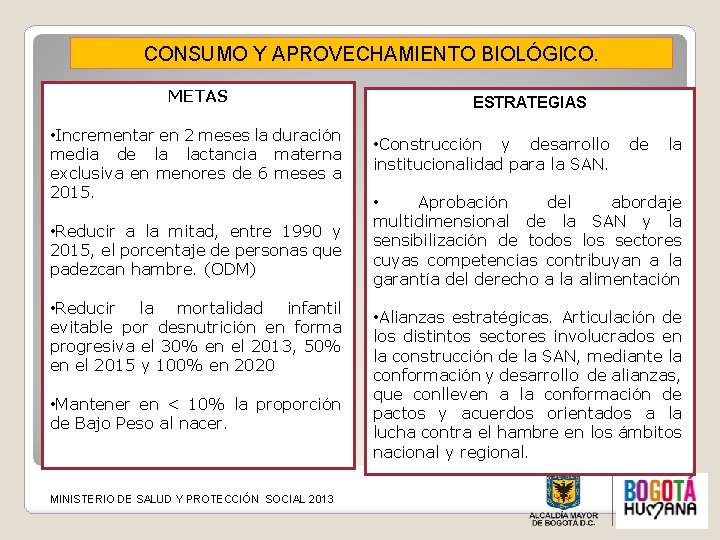 CONSUMO Y APROVECHAMIENTO BIOLÓGICO. METAS • Incrementar en 2 meses la duración media de