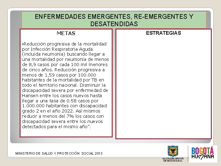 ENFERMEDADES EMERGENTES, RE-EMERGENTES Y DESATENDIDAS METAS • Reducción progresiva de la mortalidad por Infección