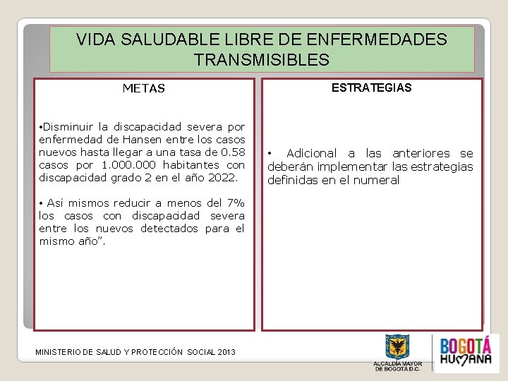 VIDA SALUDABLE LIBRE DE ENFERMEDADES TRANSMISIBLES METAS ESTRATEGIAS • Disminuir la discapacidad severa por