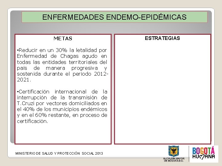 ENFERMEDADES ENDEMO-EPIDÉMICAS METAS • Reducir en un 30% la letalidad por Enfermedad de Chagas