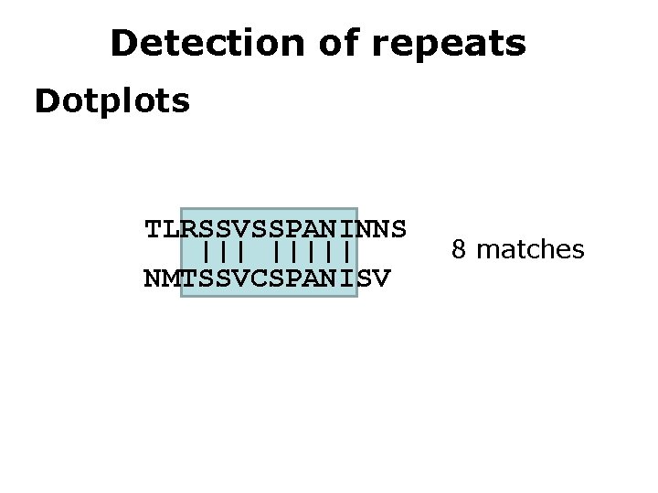 Detection of repeats Dotplots TLRSSVSSPANINNS ||||| NMTSSVCSPANISV 8 matches 