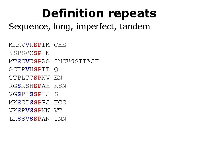 Definition repeats Sequence, long, imperfect, tandem MRAVVKSPIM KSPSVCSPLN MTSSVCSPAG GSFPVHSPIT GTPLTCSPNV RGSRSHSPAH VGSPLS MKSSISSPPS