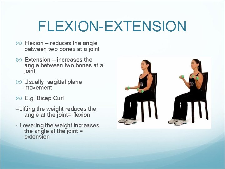 FLEXION-EXTENSION Flexion – reduces the angle between two bones at a joint Extension –