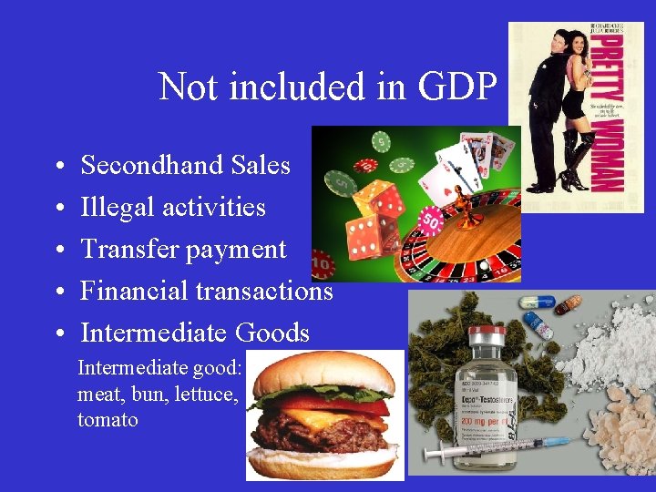 Not included in GDP • • • Secondhand Sales Illegal activities Transfer payment Financial