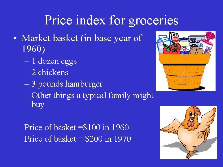 Price index for groceries • Market basket (in base year of 1960) – 1