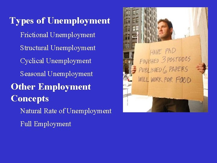 Types of Unemployment Frictional Unemployment Structural Unemployment Cyclical Unemployment Seasonal Unemployment Other Employment Concepts