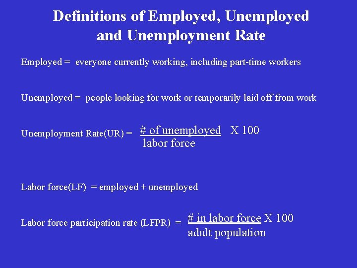 Definitions of Employed, Unemployed and Unemployment Rate Employed = everyone currently working, including part-time