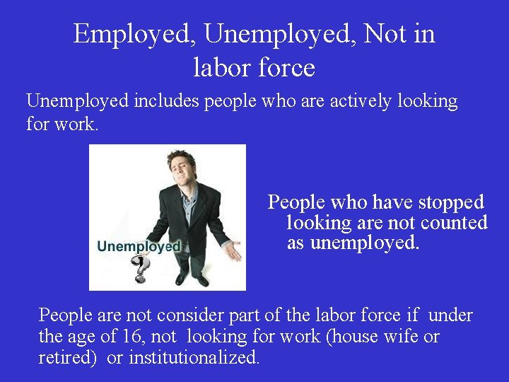 Employed, Unemployed, Not in labor force Unemployed includes people who are actively looking for