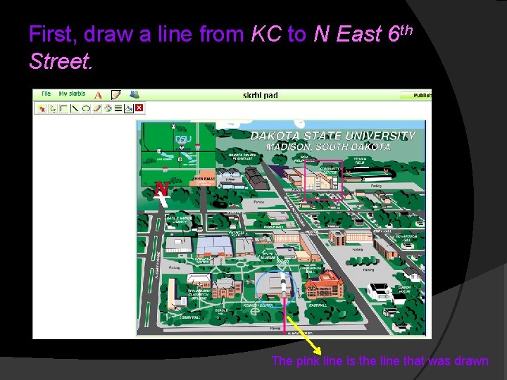 First, draw a line from KC to N East 6 th Street. The pink