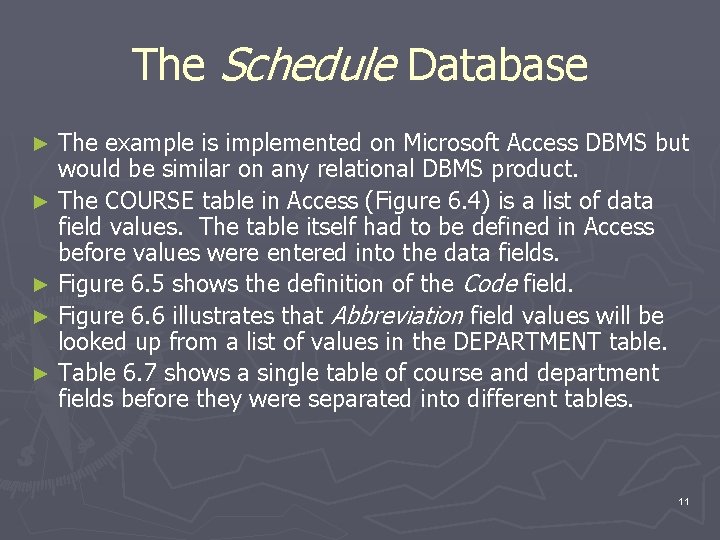 The Schedule Database The example is implemented on Microsoft Access DBMS but would be