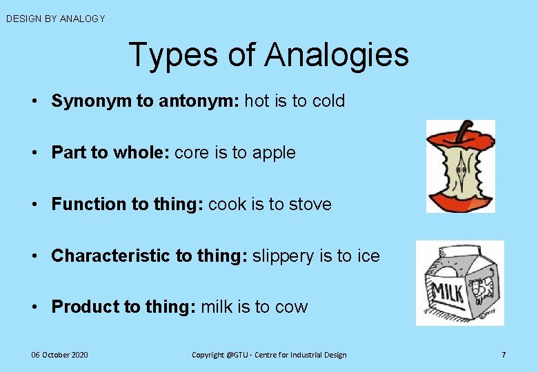 DESIGN BY ANALOGY Types of Analogies • Synonym to antonym: hot is to cold