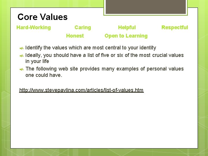 Core Values Hard-Working Caring Honest Helpful Respectful Open to Learning Identify the values which