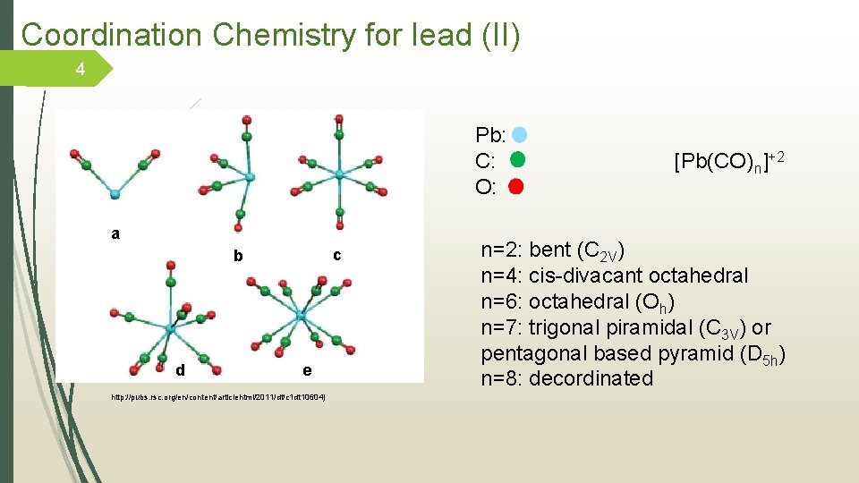 Coordination Chemistry for lead (II) 4 Pb: C: [Pb(CO)n]+2 O: a c b d