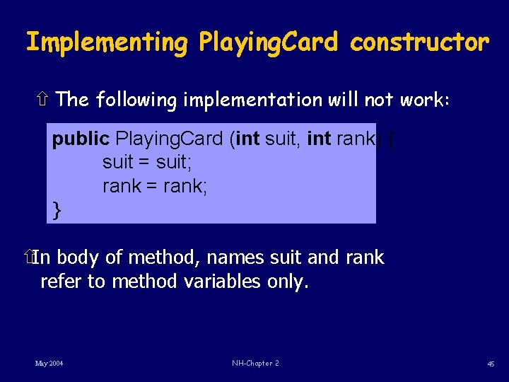 Implementing Playing. Card constructor ñ The following implementation will not work: public Playing. Card