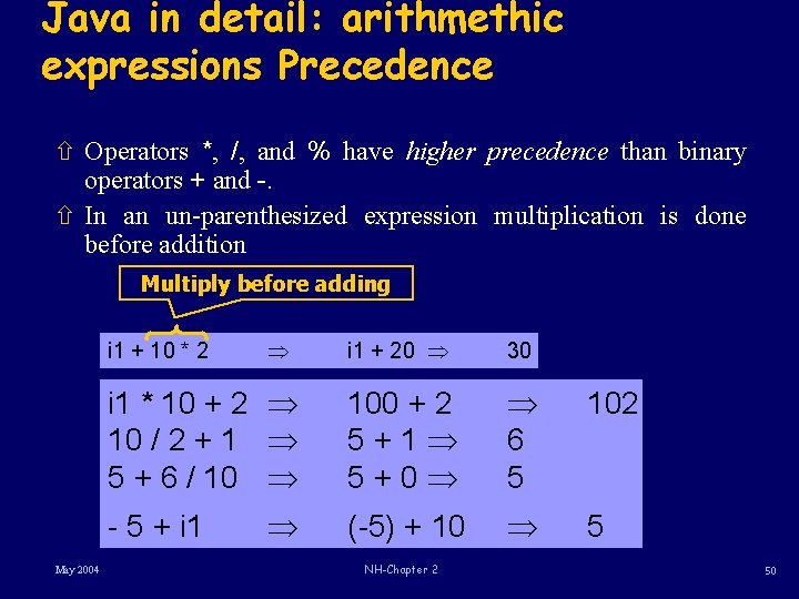 Java in detail: arithmethic expressions Precedence ñ Operators *, /, and % have higher