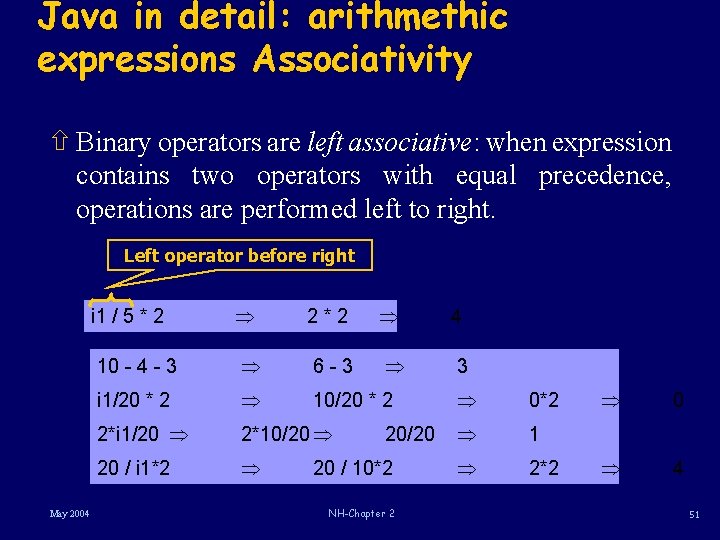 Java in detail: arithmethic expressions Associativity ñ Binary operators are left associative: when expression