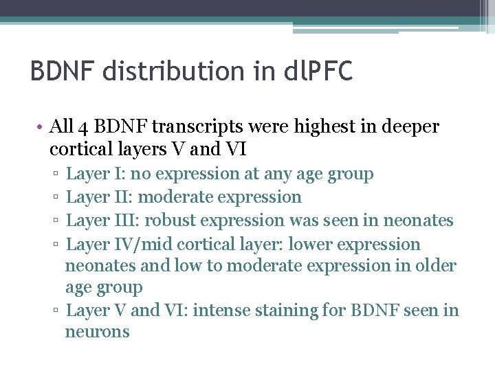 BDNF distribution in dl. PFC • All 4 BDNF transcripts were highest in deeper