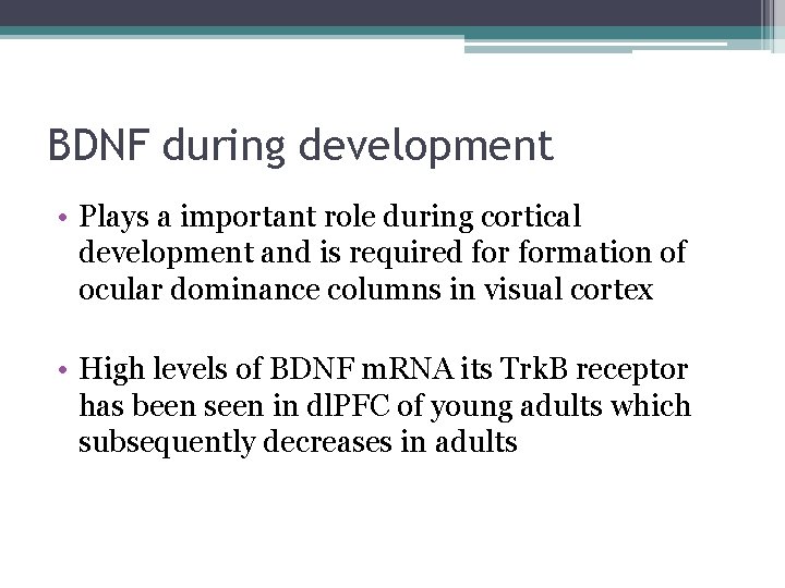 BDNF during development • Plays a important role during cortical development and is required